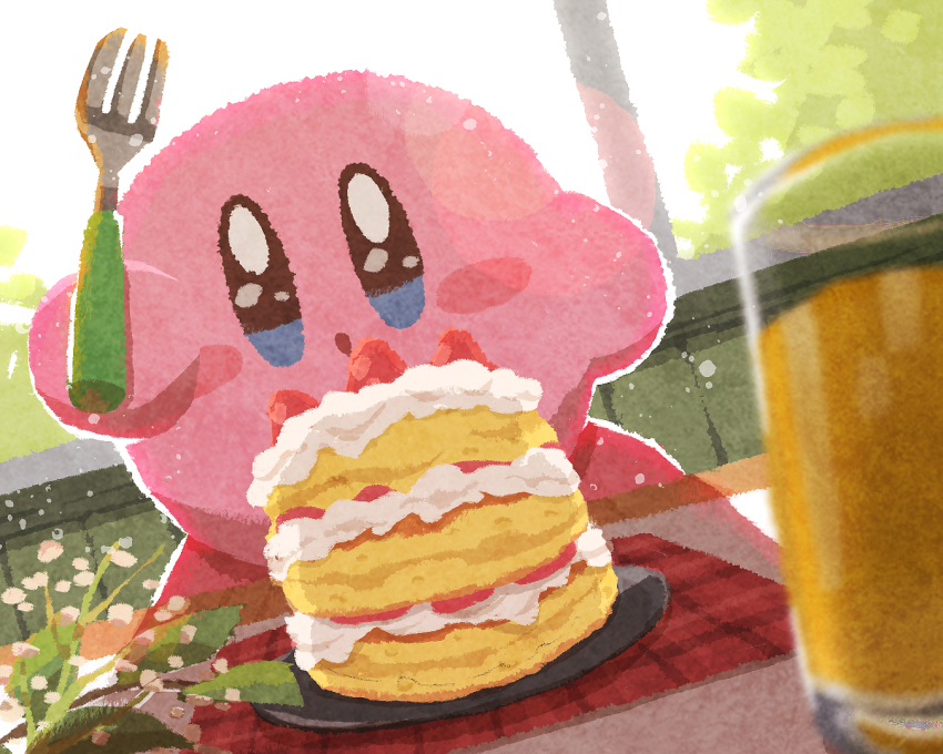 cake cake_slice commentary cup drink drinking_glass food fork fruit holding holding_fork icing kirby kirby_(series) miclot nintendo no_humans plate strawberry strawberry_shortcake table window