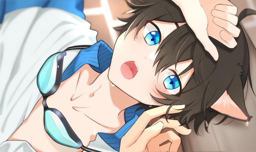 1boy animal_ears black_hair blue_eyes blush cat_boy cat_ears disembodied_hand goggles goggles_around_neck highres looking_at_viewer male_focus mole mole_under_eye open_clothes original pov short_hair solo summer sweater tatsu_wan topless_male