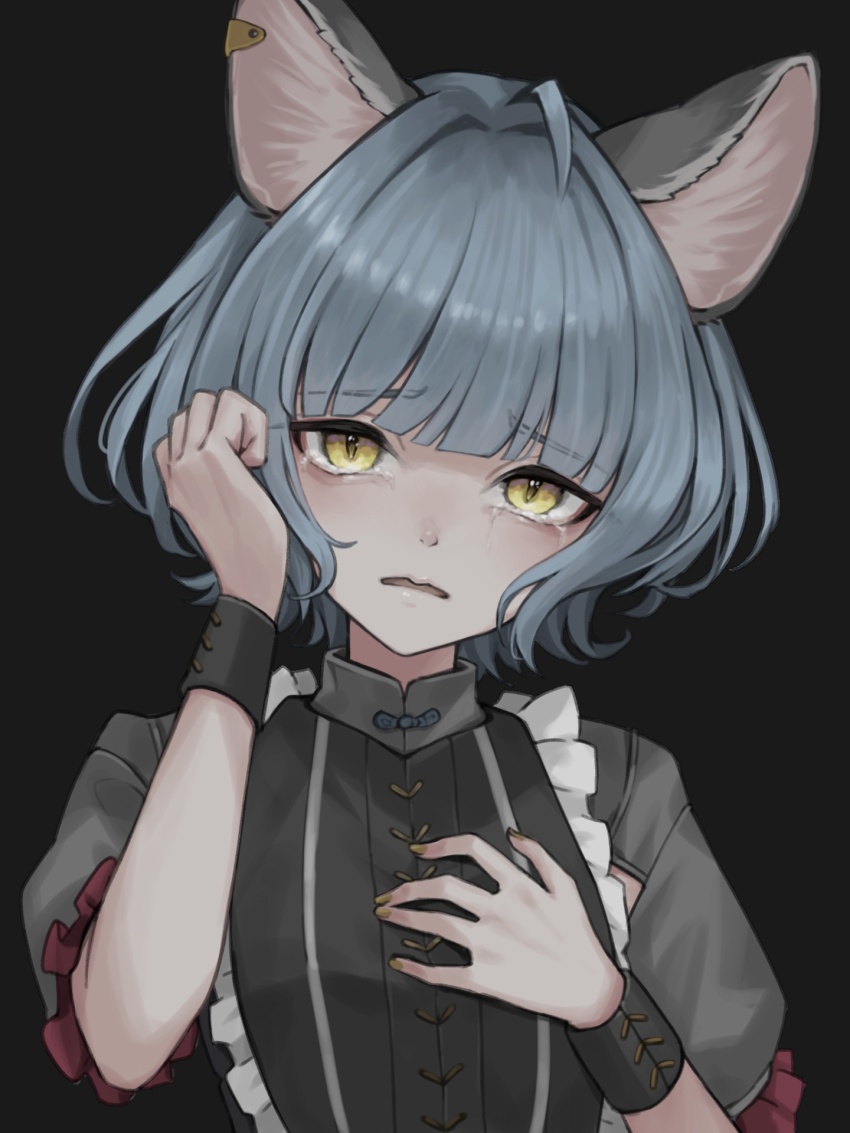 1girl ahoge animal_ear_piercing animal_ears black_background blue_hair blunt_bangs cat_ears cat_girl commentary_request crying crying_with_eyes_open frilled_sleeves frills grey_shirt hand_on_own_chest hand_to_head hand_up highres histoire-ange kamitsubaki_studio light_blue_hair looking_at_viewer mandarin_collar nina_(valis) open_mouth puffy_short_sleeves puffy_sleeves sad shirt short_hair short_sleeves simple_background sinsekai_studio solo straight-on tail tears upper_body valis_(sinsekai) virtual_youtuber yellow_eyes yellow_nails