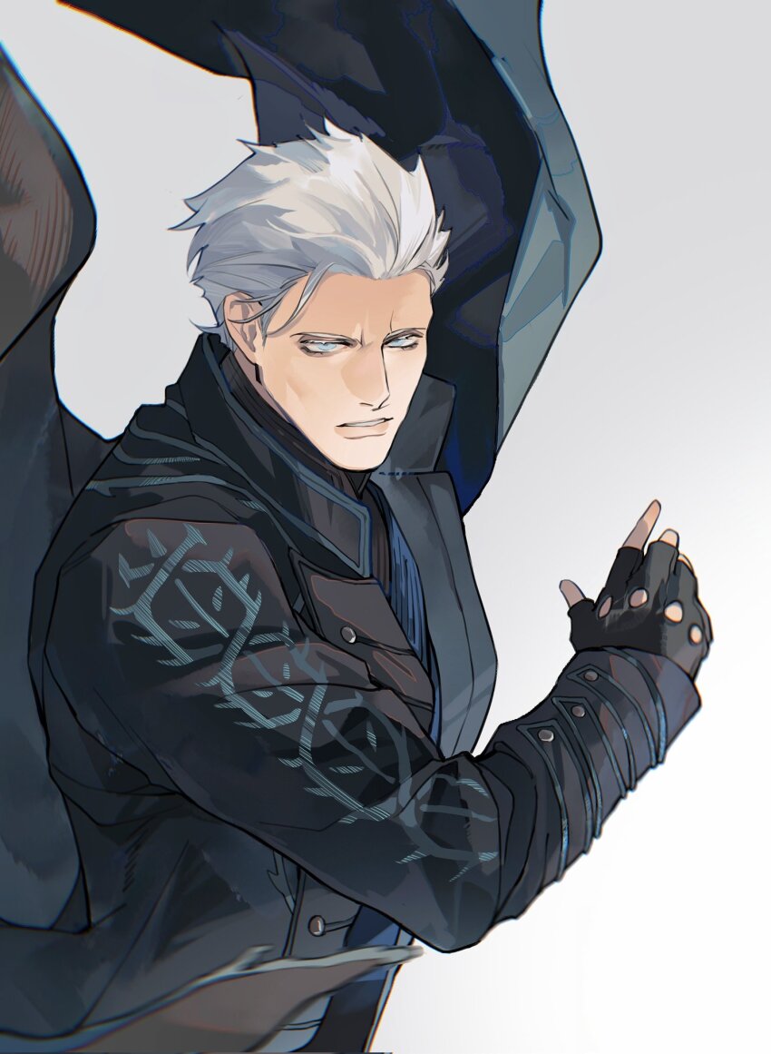 1boy black_coat black_gloves blue_coat blue_eyes coat devil_may_cry_(series) devil_may_cry_5 fingerless_gloves gloves hair_slicked_back highres lucistomato solo vergil_(devil_may_cry) white_hair