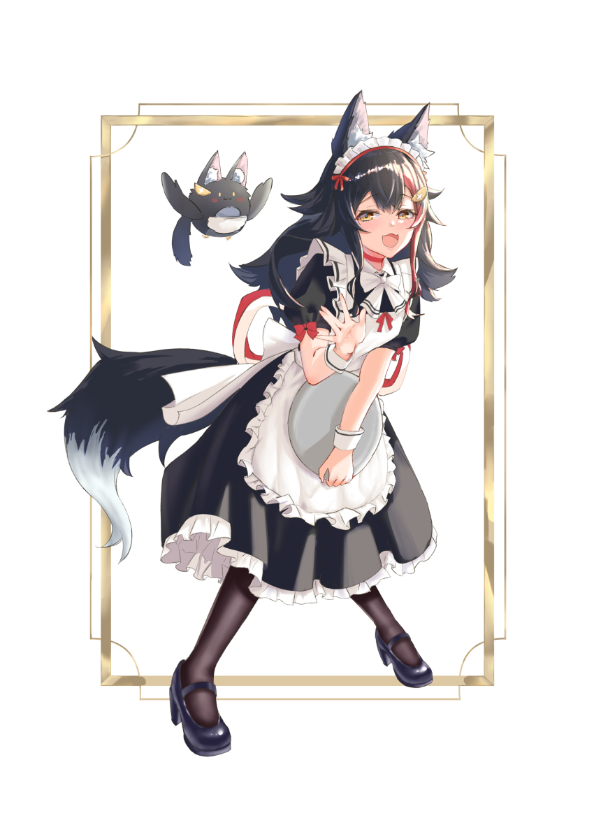 1girl absurdres animal_ear_fluff animal_ears apron black_dress black_footwear black_hair black_pantyhose blush commentary_request dress hair_between_eyes hair_ornament hairclip high_heels highres holding holding_tray hololive long_hair looking_at_viewer maid maid_apron maid_headdress miochun mizuren multicolored_hair ookami_mio open_hand open_mouth pantyhose red_hair short_sleeves sidelocks simple_background streaked_hair tray very_long_hair virtual_youtuber white_background wolf_ears wolf_girl yellow_eyes