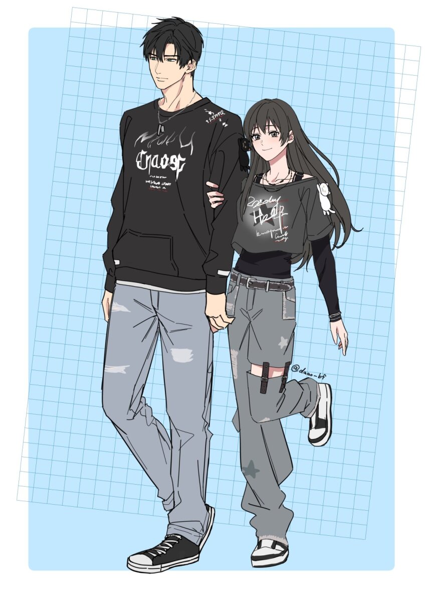 1boy 1girl asymmetrical_clothes belt black_hair dao_(daao_bf) denim full_body green_eyes grey_eyes highres holding_own_arm jeans long_hair long_sleeves love_and_deepspace pants protagonist_(love_and_deepspace) raglan_sleeves shoes short_hair short_sleeves smile sneakers standing sweater zayne_(love_and_deepspace)