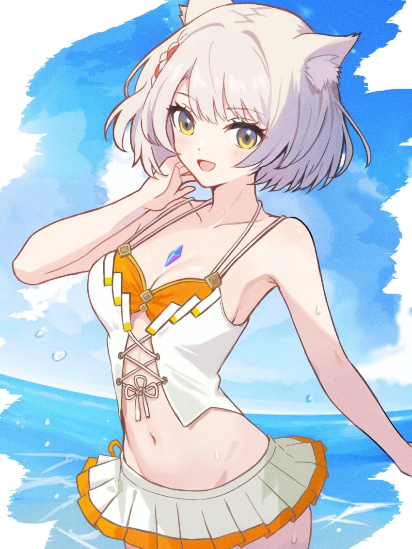 1girl animal_ears bikini bikini_skirt blue_sky breasts cat_ears chest_jewel cleavage cloud day grey_hair highres looking_at_viewer mio_(xenoblade) navel ocean official_alternate_costume outdoors short_hair sky smile solo swimsuit white_bikini xenoblade_chronicles_(series) xenoblade_chronicles_3 yellow_eyes yuurururun