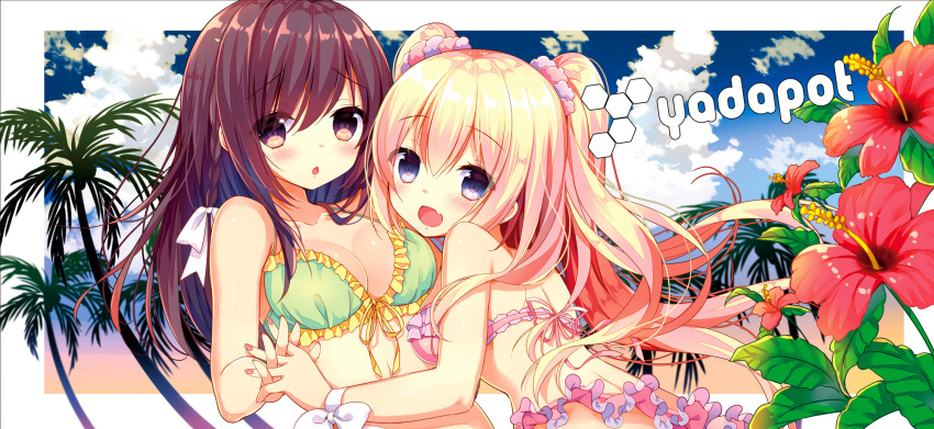 2girls :d artist_name bad_id bad_pixiv_id beach bikini bikini_top_only blonde_hair blue_eyes blue_sky blush braid breasts brown_eyes brown_hair chestnut_mouth cleavage cloud cloudy_sky collarbone day artistic_error fang floating_hair flower frilled_bikini frills green_bikini hair_between_eyes hair_ribbon hibiscus highres holding_hands interlocked_fingers long_hair looking_at_viewer looking_back medium_breasts multiple_girls open_mouth original outdoors palm_tree pink_bikini ribbon side_braid sidelocks sky smile swimsuit tree tress_ribbon twintails upper_body white_ribbon yadapot