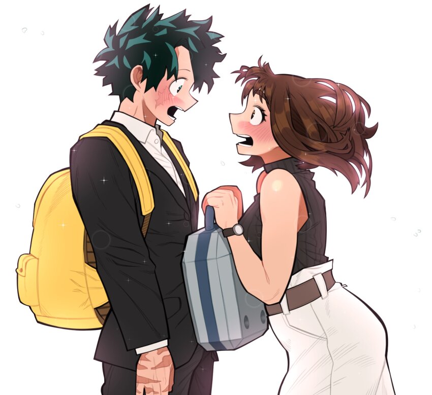 1boy 1girl bare_shoulders belt black_suit blush boku_no_hero_academia breasts brown_eyes brown_hair business_suit formal_clothes freckles green_eyes green_hair highres loopvoid midoriya_izuku official_alternate_costume official_alternate_hairstyle open_mouth scar scene_reference short_hair skirt sleeveless suit turtleneck uraraka_ochako white_suit