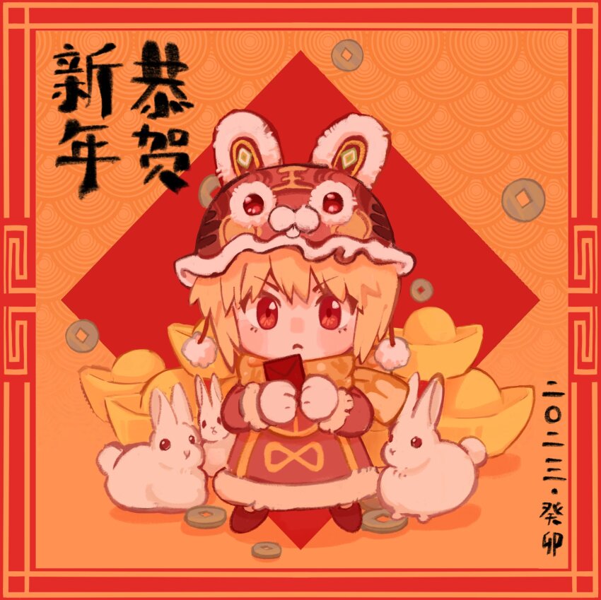 1boy :&lt; animal_hat blonde_hair chibi chibi_only chinese_new_year cotton_ball full_body fur_trim gloves hat highres hunter_x_hunter ik18166181ik kurapika looking_at_viewer male_focus orange_background rabbit rabbit_hat red_eyes red_footwear red_tabard scarf short_hair simple_background solo standing tabard white_gloves yellow_scarf