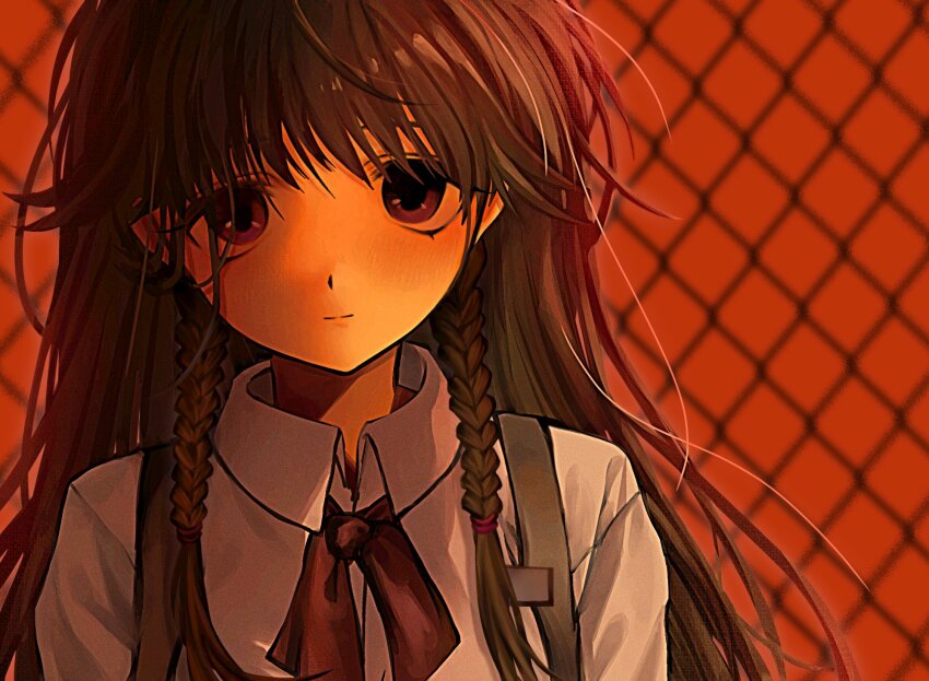 1girl ascot braid chain-link_fence closed_mouth collared_shirt commentary_request expressionless fence green_hair grey_vest hair_flaps hair_tie highres long_hair looking_at_viewer orange_background purple_eyes red_ascot sayonara_wo_oshiete shirt side_braids solo split_mouth sugamo_mutsuki uee_m upper_body vest white_shirt