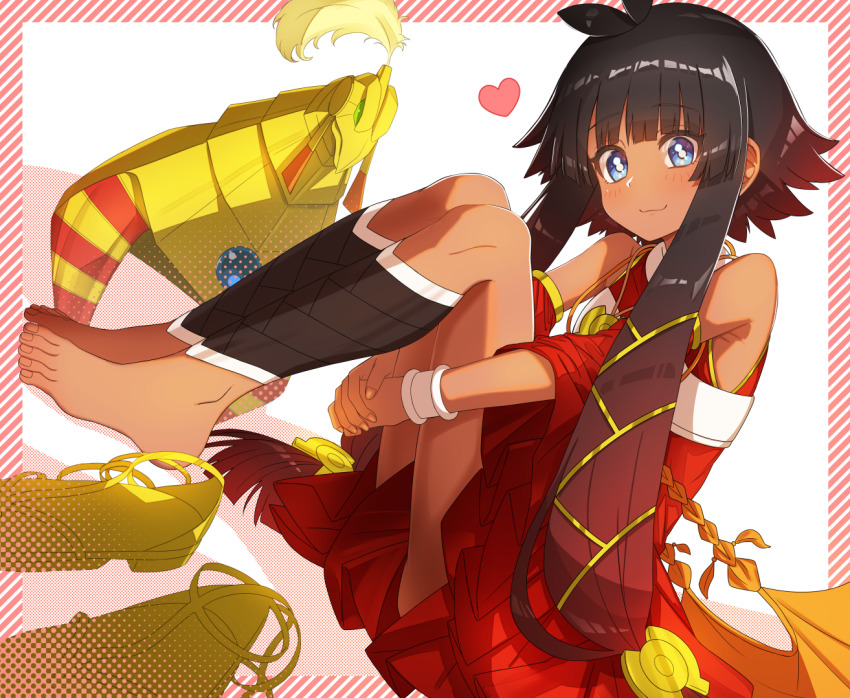 1girl ahoge armpits barefoot black_hair blue_eyes conductor_of_nephthys dark-skinned_female dark_skin detached_sleeves dress duel_monster dutch_angle feet flat_chest fuji_tarawi unworn_headwear heart hugging_own_legs long_hair looking_at_viewer red_dress sandals unworn_sandals shoes unworn_shoes simple_background sitting smile solo toes very_long_hair yu-gi-oh!