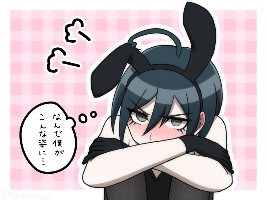 1boy ahoge animal_ears bare_shoulders black_leotard border brown_eyes danganronpa_(series) danganronpa_v3:_killing_harmony fake_animal_ears fishnet_pantyhose fishnets hair_between_eyes highres leotard pantyhose plaid_background playboy_bunny rabbit_ears saihara_shuichi solo speech_bubble suiren_yurei thought_bubble translation_request white_border