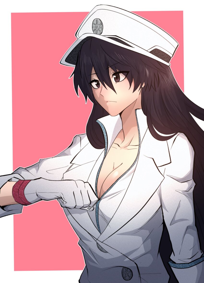 1girl arm_at_side bambietta_basterbine black_hair bleach bleach:_sennen_kessen-hen border breasts brown_eyes buttons cleavage closed_mouth collarbone commentary eyelashes eyes_visible_through_hair frown gloves hair_between_eyes hair_over_shoulder hand_up hat highres jacket large_breasts long_hair long_sleeves looking_ahead military_hat military_uniform nose outside_border pink_background shirt simple_background solo thatamaan tsurime upper_body very_long_hair white_border white_gloves white_hat white_jacket white_shirt zipper zipping