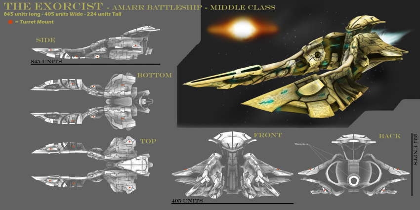 alj0708 amarr_empire_(eve_online) battleship_(eve_online) character_sheet commentary concept_art english_text eve_online from_side glowing highres military_vehicle multiple_views no_humans original outdoors science_fiction space spacecraft spaceship star_(sky) thrusters vehicle_focus