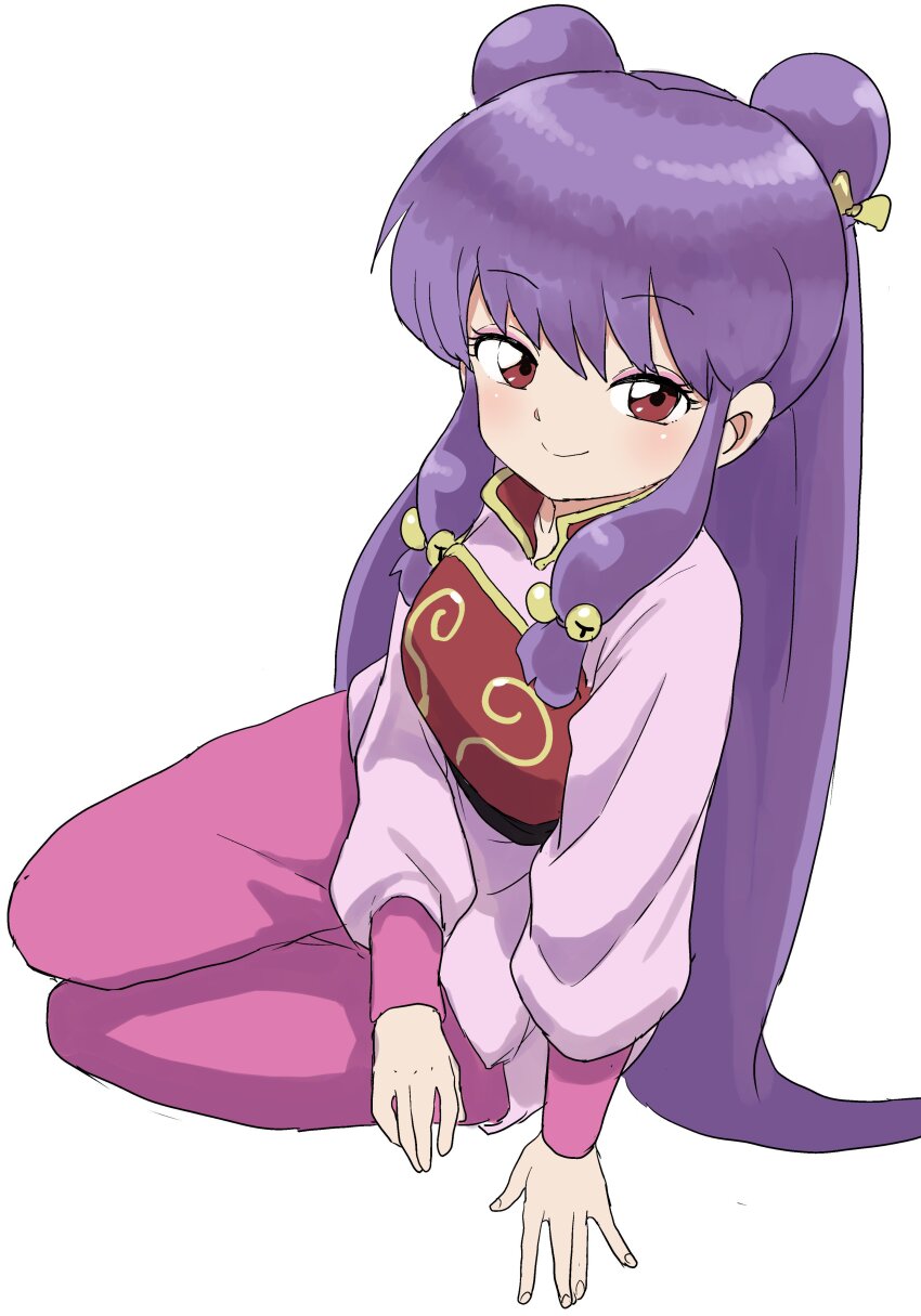 1girl absurdres bow brown_eyes chinese_clothes double_bun hair_bow hair_bun highres looking_at_viewer pants pink_pants pink_shirt ranma_1/2 shampoo_(ranma_1/2) shirt simple_background sitting smile white_background yamamoto_souichirou yellow_bow