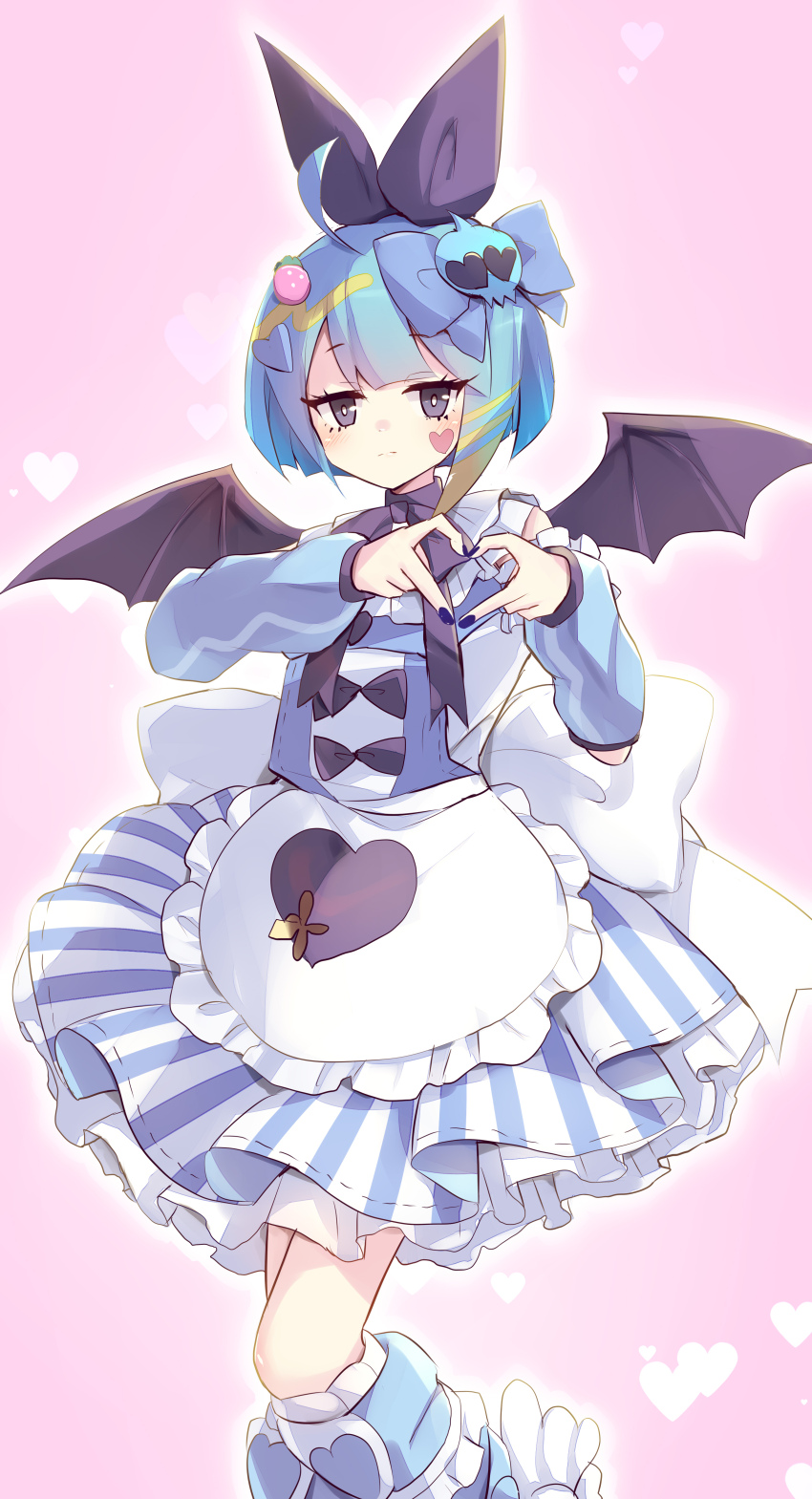 1girl absurdres black_ribbon black_wings blue_dress blue_hair cowboy_shot demon_girl demon_wings dress duel_monster hair_ribbon heart heart_hands highres kanzakietc lil-la_(yu-gi-oh!) live_twin_lil-la_sweet ribbon short_hair solo wings yu-gi-oh!