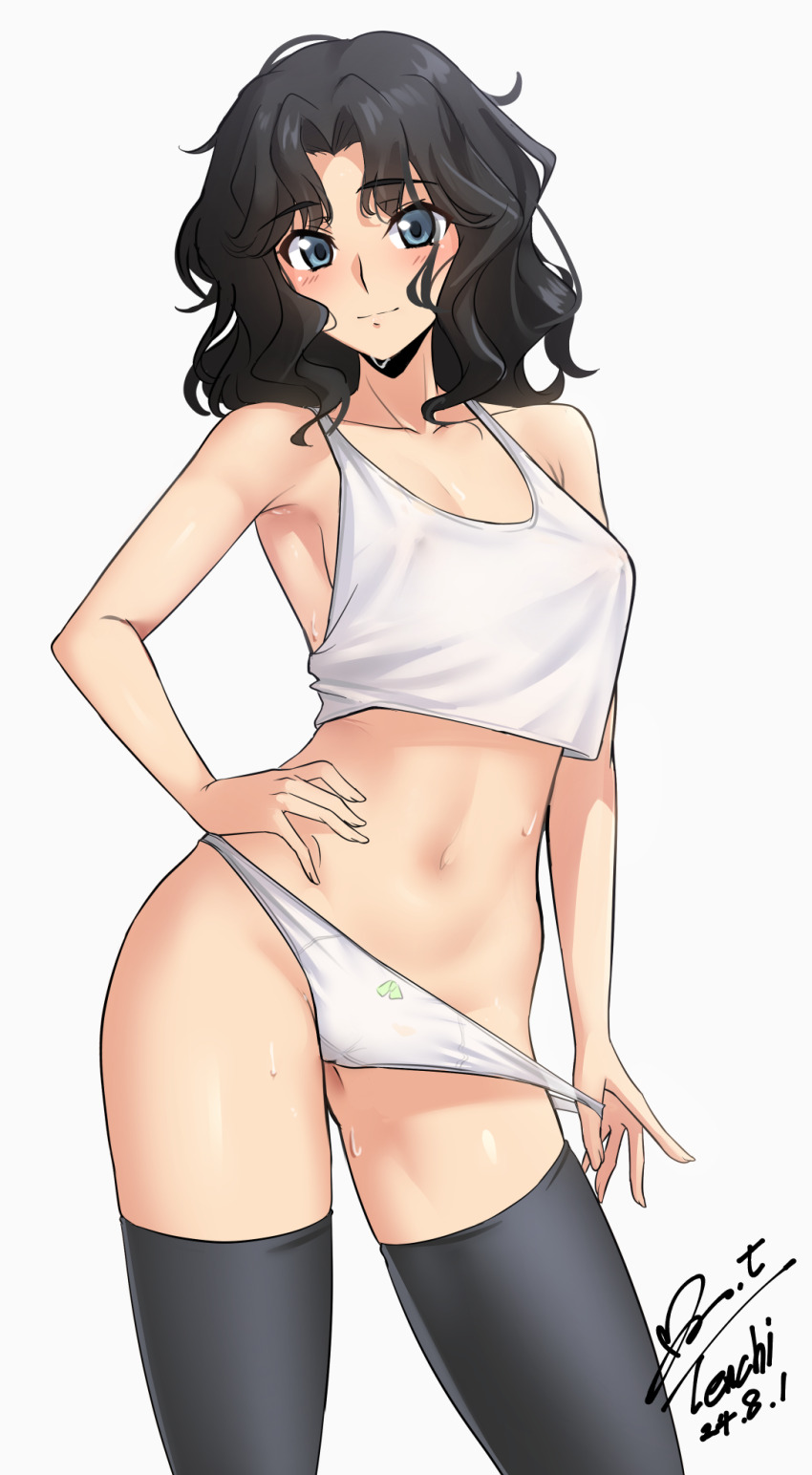 1girl amagami bare_arms bare_shoulders black_eyes black_hair black_thighhighs blush bow bow_panties breasts cameltoe cleft_of_venus closed_mouth collarbone contrapposto covered_erect_nipples cropped_shirt curly_hair dated grey_background hand_on_own_hip highres looking_at_viewer medium_hair messy_hair midriff navel panties panty_pull shirt signature simple_background small_breasts solo standing sweat t-shirt tanamachi_kaoru thighhighs underwear wavy_hair white_panties white_shirt yoo_tenchi
