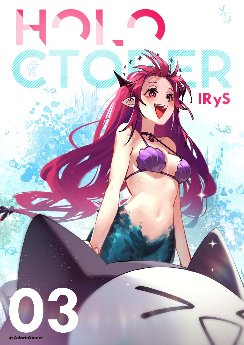 1girl absurdres bra english_text heterochromia highres hololive hololive_english horns irys_(hololive) long_hair ma_draws mermaid monster_girl pointy_ears purple_bra red_hair underwear virtual_youtuber