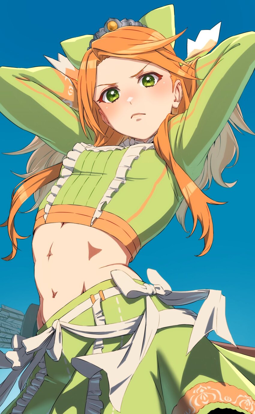 1girl abs aduti_momoyama arched_back arms_behind_head arms_up blue_background blush bow breasts closed_mouth contrapposto cowboy_shot crop_top dot_nose dress etie_(fire_emblem) fire_emblem fire_emblem_engage from_below frown green_dress green_eyes green_shirt green_skirt hair_over_shoulder head_tilt highres long_hair long_sleeves looking_at_viewer midriff navel nintendo nose_blush orange_hair ribbon serious shirt simple_background skirt small_breasts solo tareme tiara upper_body v-shaped_eyebrows white_bow yellow_gemstone