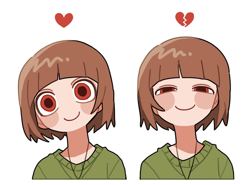 1other androgynous blunt_bangs blush_stickers broken_heart brown_hair c: chara_(undertale) child crazy_eyes cropped_torso green_sweater half-closed_eyes heart highres looking_at_viewer multiple_views no_nose other_focus portrait red_eyes short_hair simple_background smile sweater tadeno undertale white_background wide-eyed