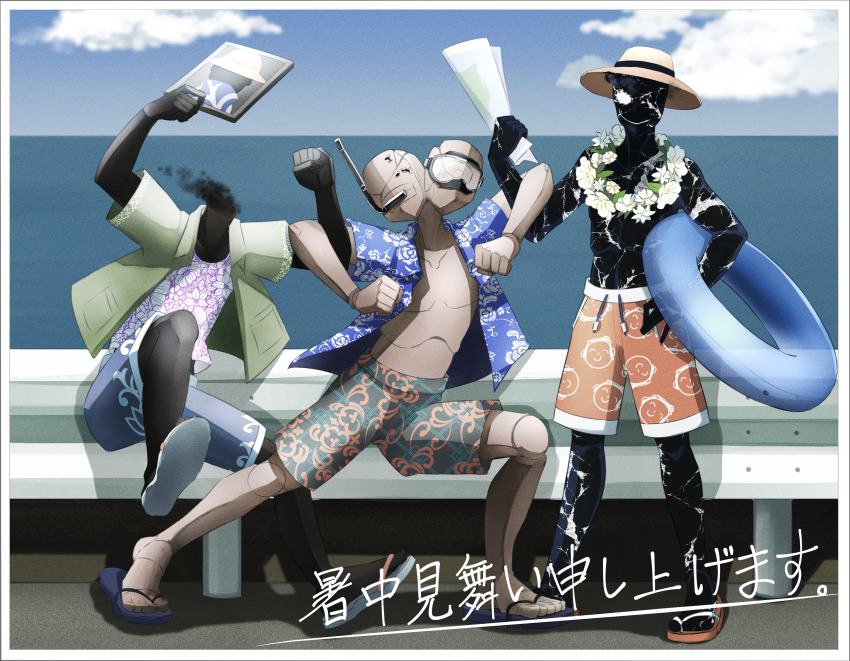 4boys absurdres black_suit_(blue_archive) blue_archive blue_shirt cloud cloudy_sky diving_mask doodle_sensei_(blue_archive) doro9363 facing_away flip-flops flower flower_necklace goggles golconda_&amp;_decalcomania_(blue_archive) guard_rail hand_on_own_hip hat hawaiian_shirt highres holding holding_map holding_swim_ring innertube jewelry lei looking_at_viewer maestro_(blue_archive) male_swimwear map multiple_boys necklace ocean open_clothes open_shirt red_swim_trunks sandals sensei_(blue_archive) shirt shochuumimai sky smile snorkel snorkel_in_mouth straw_hat swim_ring swim_trunks topless_male translation_request