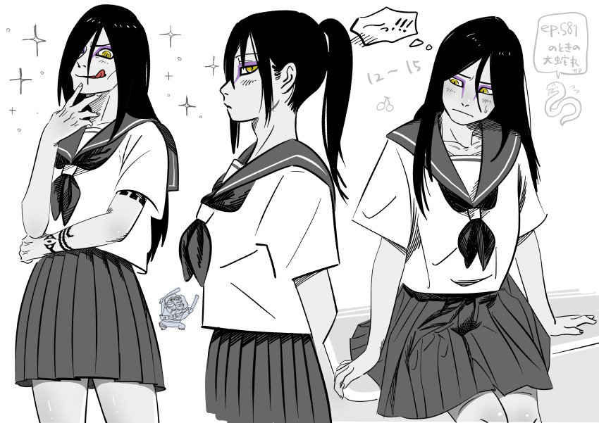 ! !! absurdres alternate_costume arm_tattoo crossdressing eyeliner finger_on_own&#039;s_chin hair_over_one_eye hair_tied_up highres japanese_text licking_lips long_hair looking_at_viewer makeup multiple_views naruto_(series) naruto_shippuuden orochimaru_(naruto) pale_skin school_uniform short_sleeves sitting sitting_on_object skirt snake sparkle tattoo tongue tongue_out translated u9eba/ym yellow_eyes