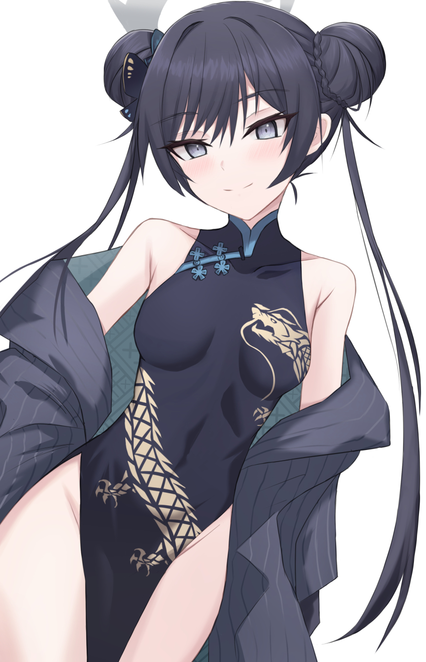 1girl absurdres bare_shoulders black_hair blue_archive chinese_clothes grey_eyes highres kisaki_(blue_archive) looking_at_viewer simple_background smile solo standing wrightia