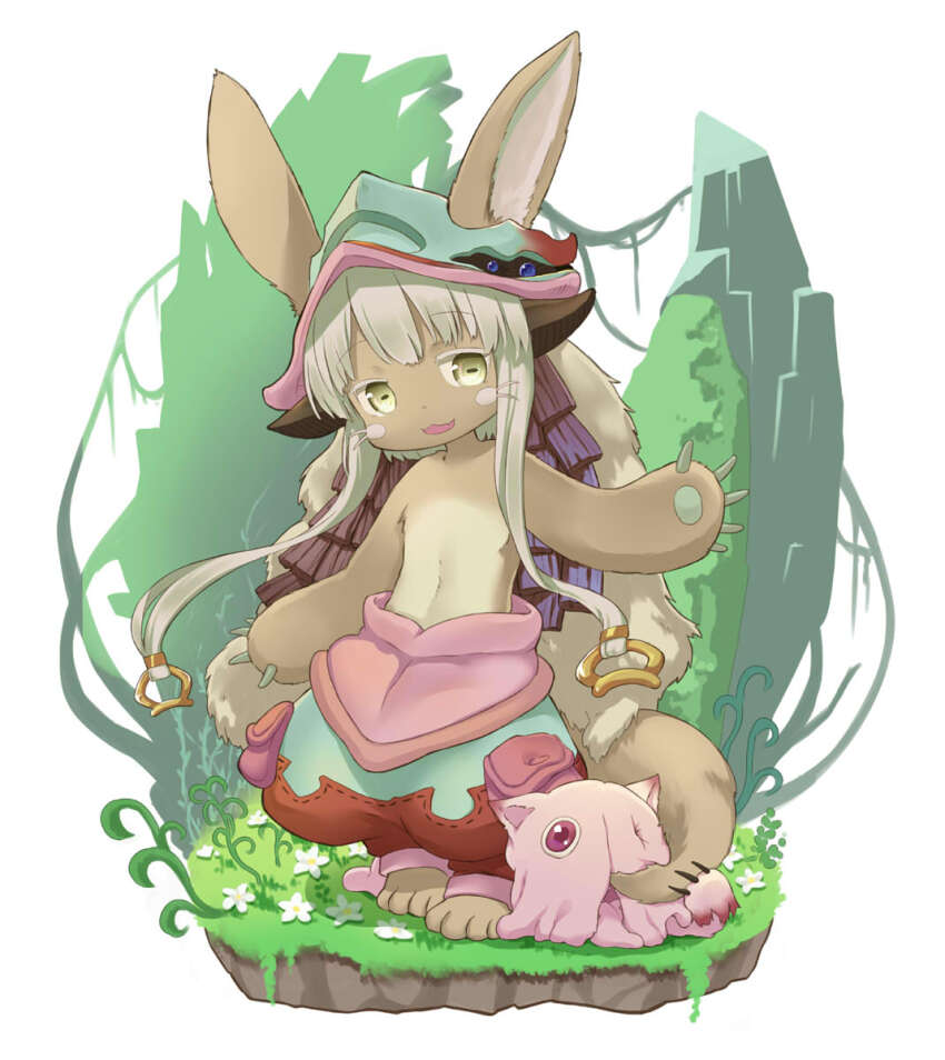 1other ahase_hino animal_ears body_fur brown_fur claws commentary creature ears_through_headwear fake_horns fang flower full_body furry grass grey_hair helmet highres horizontal_pupils horns looking_at_viewer made_in_abyss missing_eye mitty_(made_in_abyss) multicolored_pants nanachi_(made_in_abyss) open_mouth pants puffy_pants short_hair_with_long_locks skin_fang smile standing tail topless_other whiskers white_background white_flower yellow_eyes