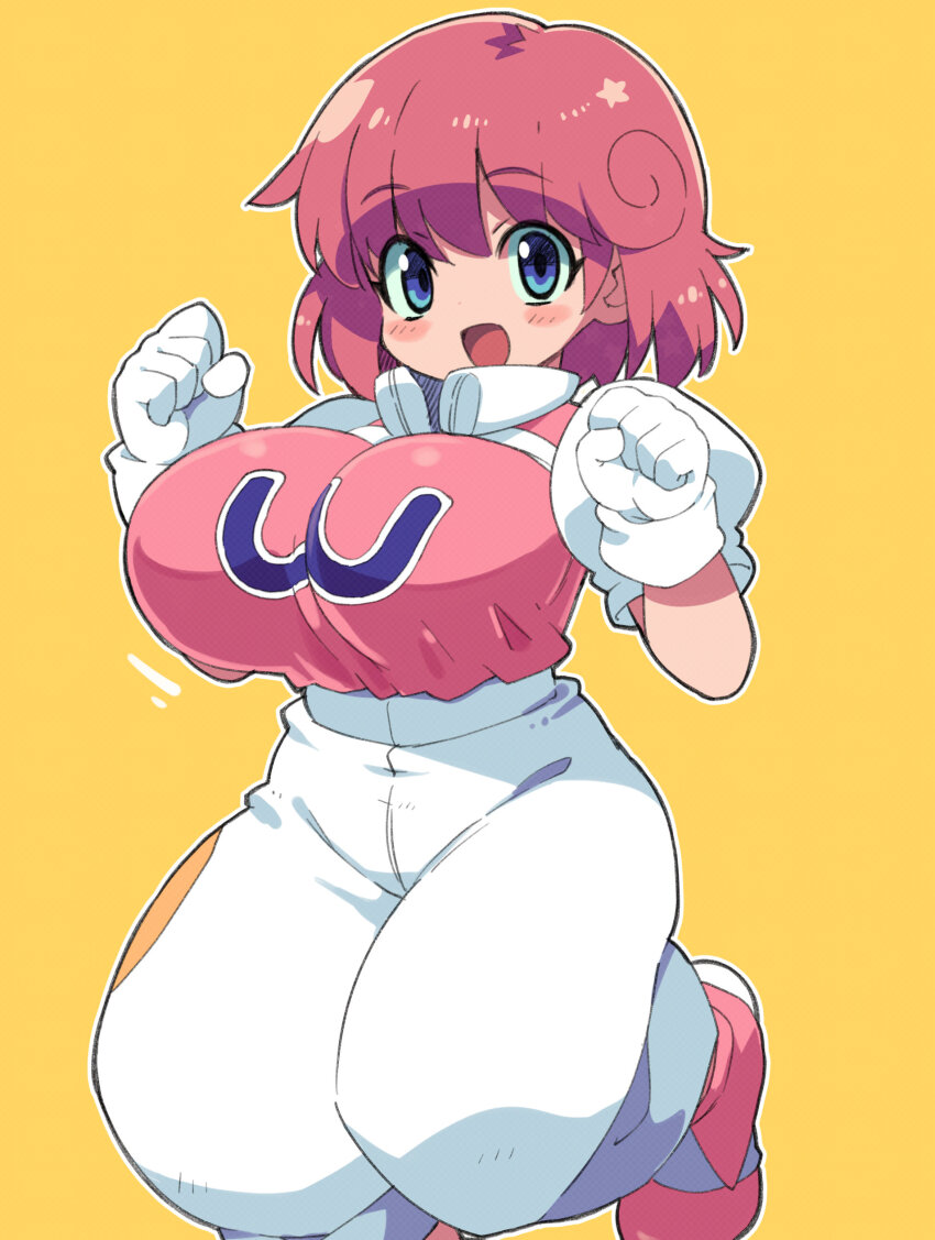 1girl absurdres blue_eyes blush breasts gloves highres jumping large_breasts motion_lines open_mouth pastel_(twinbee) pink_footwear pink_hair short_hair simple_background smile solo twinbee white_gloves zankuro