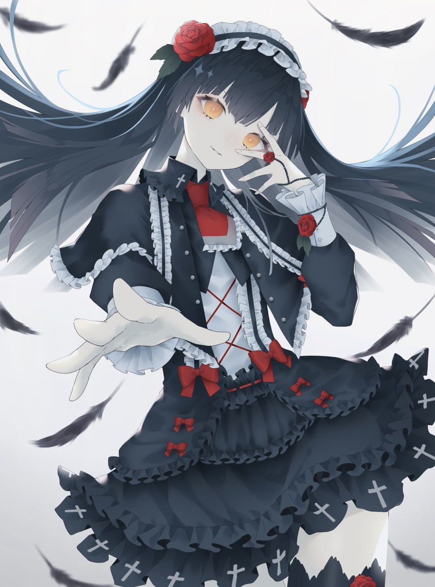 1girl absurdres asymmetrical_bangs black_dress black_feathers black_hair commission dress ears_visible_through_hair feathers flower frilled_dress frilled_hairband frilled_sleeves frills goth_fashion gothic_lolita hairband hand_on_own_face highres kotarou_(kot_mochi) lolita_fashion lolita_hairband long_hair original red_flower red_rose ribbon rose skeb_commission solo white_background yellow_eyes