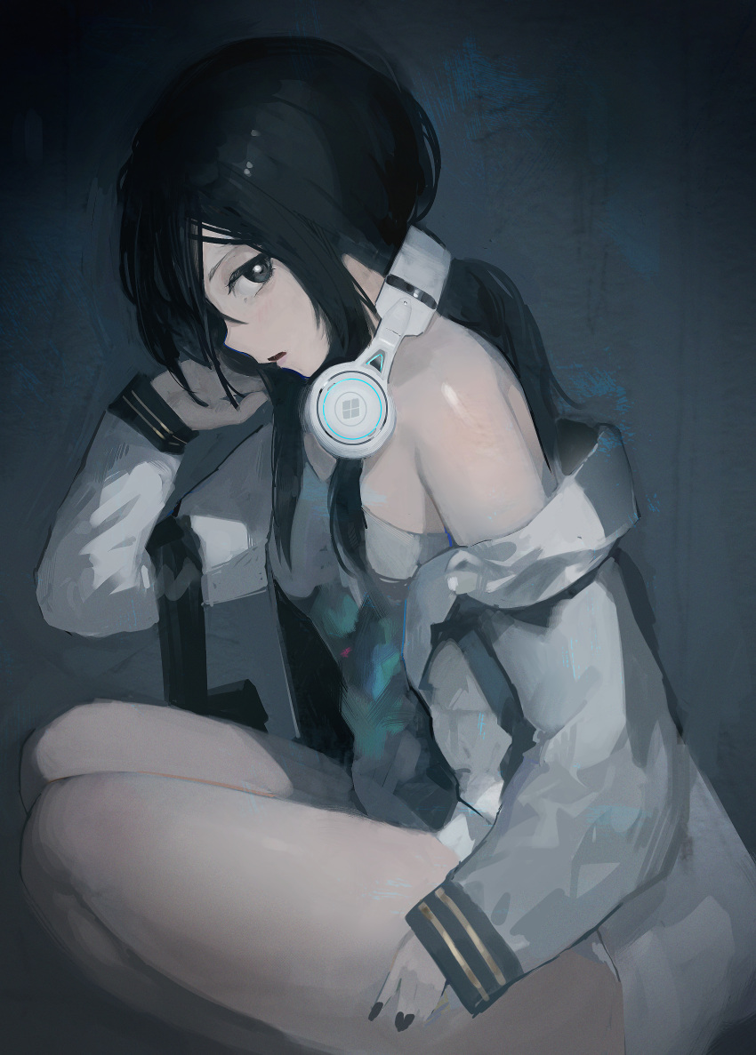 1girl absurdres arm_up black_eyes black_hair breasts exia_(nikke) from_side goddess_of_victory:_nikke grey_background grey_shirt headphones headphones_around_neck highres jacket long_hair looking_at_viewer mochimochi_peparonipi shirt single_bare_shoulder solo squatting thighs very_long_hair white_jacket