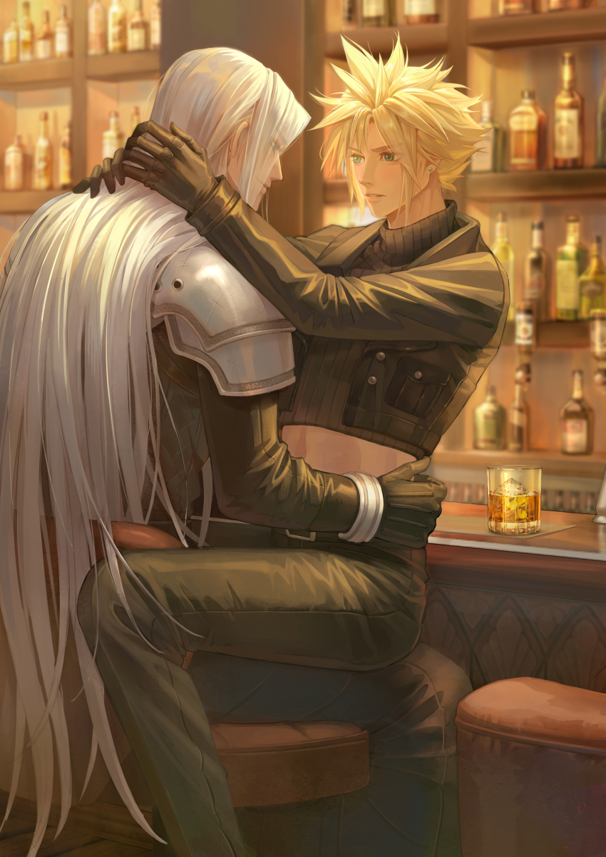 absurdres alcohol alternate_costume armor arms_around_neck bar_(place) belt black_belt black_coat black_gloves black_jacket black_pants black_sweater blonde_hair bottle bracer chinese_commentary cloud_strife coat commentary crop_top cropped_jacket cropped_sweater cup earrings final_fantasy final_fantasy_vii final_fantasy_vii_remake full_body glass_bottle gloves grey_hair hand_on_another&#039;s_waist highres ice ice_cube indoors jacket jewelry leather leather_jacket light_blush long_bangs long_hair looking_at_another male_focus midriff night on_chair open_clothes open_jacket pants parted_lips pauldrons sephiroth shelf short_hair shoulder_armor sitting smile spiked_hair stud_earrings sweater turtleneck turtleneck_sweater yakakaer yaoi