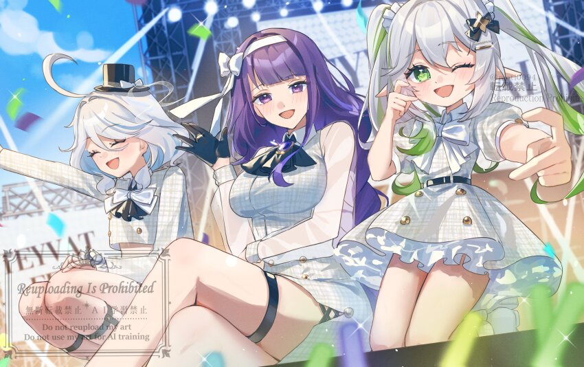 3girls absurdres black_choker black_gloves black_hat blue_eyes blue_hair blush bow bowtie breasts choker closed_eyes crop_top dress furina_(genshin_impact) genshin_impact gloves green_eyes green_hair hair_between_eyes hair_ornament hairband hat highres long_hair long_sleeves looking_at_viewer medium_breasts midriff multicolored_hair multiple_girls nahida_(genshin_impact) one_eye_closed open_mouth pointy_ears purple_eyes purple_hair raiden_shogun ribbon shirt side_ponytail single_glove small_breasts smile streaked_hair symbol-shaped_pupils top_hat tsukimori_mochi twintails white_bow white_bowtie white_dress white_hair white_hairband white_ribbon white_shirt