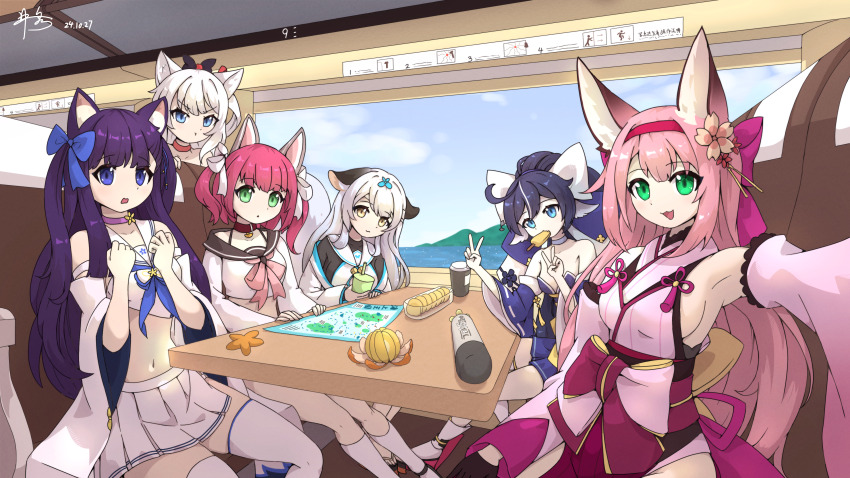 6+girls :3 absurdres animal_ear_fluff animal_ears armpits azur_lane bare_shoulders blue_eyes blue_ribbon breasts dated double_v eating fox_ears fox_girl green_eyes hair_ribbon hairband hammann_(azur_lane) hanazuki_(azur_lane) hands_up hatsuharu_(azur_lane) highres isen japanese_clothes kimono long_hair looking_at_viewer medium_breasts miyuki_(azur_lane) multiple_girls navel pink_hair pink_kimono pleated_skirt pout reaching reaching_towards_viewer red_hairband ribbon selfie shiratsuyu_(azur_lane) sideboob signature skirt socks stomach train_interior two_side_up v white_hair white_skirt white_socks window yellow_eyes yoizuki_(azur_lane)