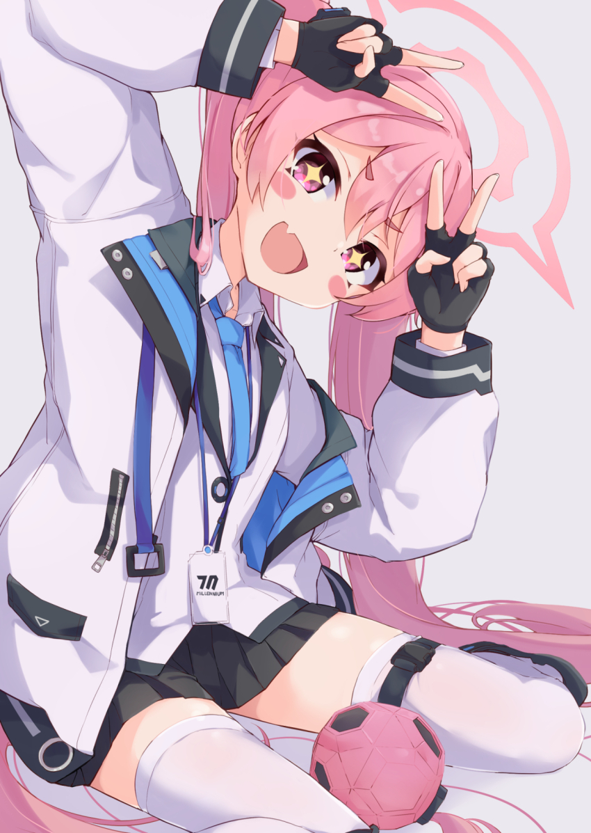 +_+ 1girl arms_up black_gloves black_skirt blue_archive blue_necktie blush collared_shirt double_v fang fingerless_gloves formal_clothes gloves grey_background hair_spread_out halo head_tilt highres id_card jacket koyuki_(blue_archive) lanyard long_sleeves necktie open_mouth pink_eyes pink_hair shirt simple_background sitting skin_fang skirt solar_milk solo suit thighhighs twintails two-sided_fabric two-sided_jacket v wariza white_jacket white_shirt white_suit white_thighhighs zettai_ryouiki