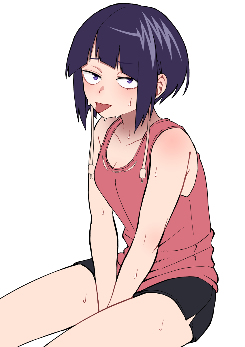 1girl absurdres audio_jack black_shorts boku_no_hero_academia breasts cleavage highres jirou_kyouka kobaji long_earlobes making-of_available pink_tank_top purple_eyes purple_hair shorts simple_background solo sweat tank_top tongue tongue_out v_arms white_background