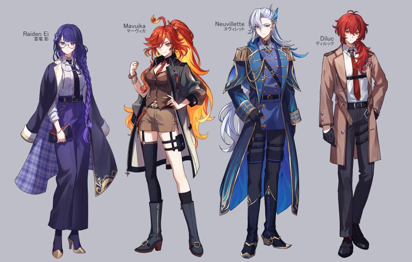 2boys 2girls absurdres alternate_costume alternate_hairstyle aoiro_oto black_gloves braid breasts brown_coat cleavage coat diluc_(genshin_impact) genshin_impact glasses gloves hair_between_eyes highres long_hair long_sleeves low-braided_long_hair low-tied_long_hair mavuika_(genshin_impact) medium_breasts mole mole_under_eye multicolored_hair multiple_boys multiple_girls necktie neuvillette_(genshin_impact) ponytail purple_eyes purple_hair raiden_shogun streaked_hair trench_coat white_hair