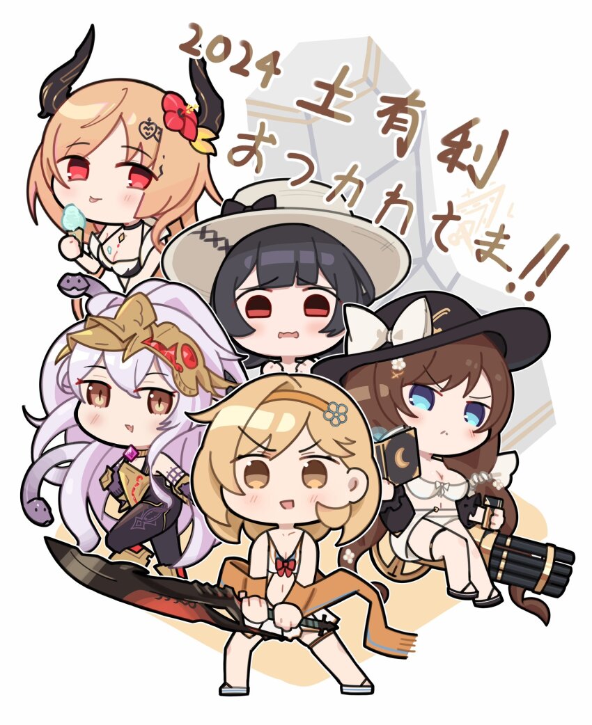 5girls black_hair blonde_hair blue_eyes book brown_eyes brown_hair chibi chibi_only djeeta_(granblue_fantasy) djeeta_(summer)_(granblue_fantasy) flower granblue_fantasy gun hair_flower hair_ornament hairband hat highres holding holding_book holding_gun holding_sword holding_weapon horns medusa_(shingeki_no_bahamut) multiple_girls orange_hair pigking_luneth post_guild_war_celebration raziel_(granblue_fantasy) raziel_(summer)_(granblue_fantasy) red_eyes smile snake_hair sword vikala_(granblue_fantasy) vikala_(summer)_(granblue_fantasy) weapon white_hair