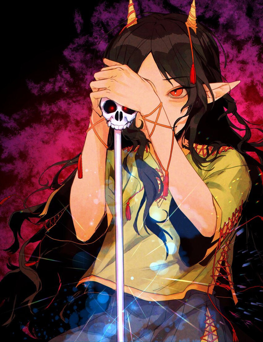 1girl absurdres black_hair darkness green_shirt heshiko_disco highres holding holding_staff horns long_hair nippaku_zanmu oni oni_horns pointy_ears red_background red_eyes shirt skull solo staff string tassel touhou yellow_horns