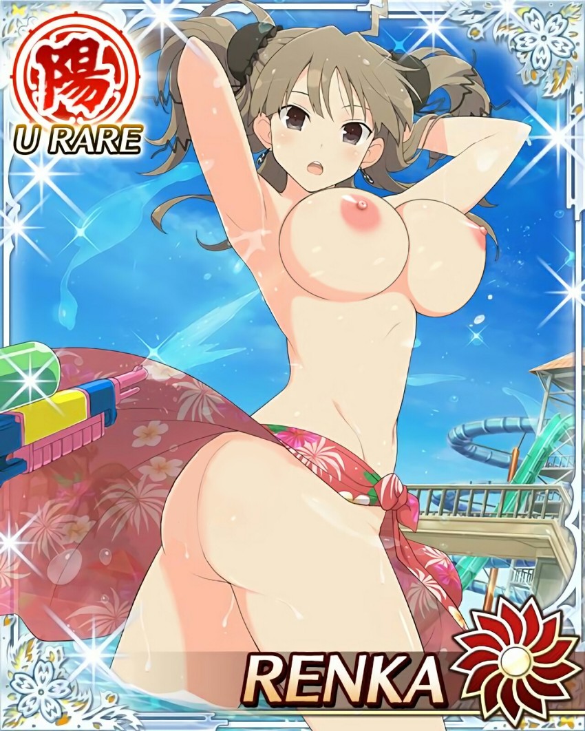 10s 1girl ass breasts card_(medium) character_name highres large_breasts nipples open_mouth renka_(senran_kagura) senran_kagura senran_kagura_new_wave skirt_only solo third-party_edit water water_gun