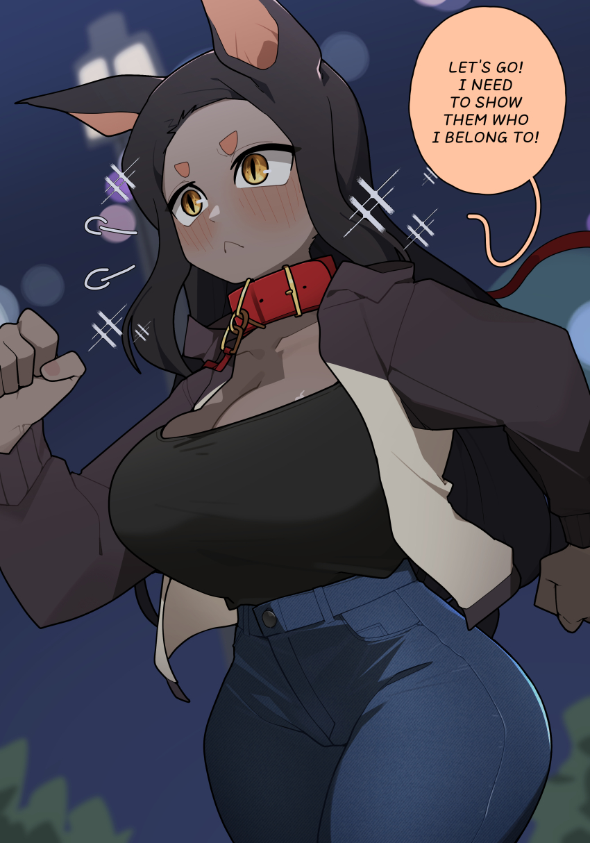 1girl absurdres animal_collar animal_ears black_hair blush breasts brown_hair cleavage clenched_hands closed_mouth collar colored_speech_bubble commentary dark-skinned_female dark_skin denim doberman_girl_(gomulgong) dobermann dog_ears english_commentary english_text gomulgong highres huge_breasts jacket jeans long_hair multicolored_clothes multicolored_jacket night night_sky original outdoors pants segmented_comic sky slit_pupils speech_bubble two-tone_jacket yellow_eyes