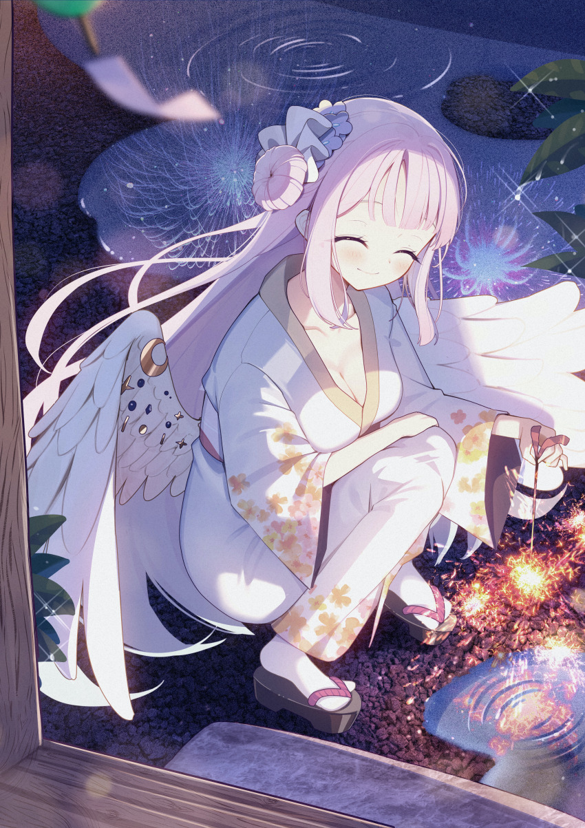 1girl absurdres alternate_costume angel_wings blue_archive blush closed_eyes closed_mouth cluseller commentary_request doughnut_hair_bun feathered_wings film_grain fireworks floral_print floral_print_kimono flower geta hair_bun hair_flower hair_ornament halo highres holding holding_fireworks japanese_clothes kimono korean_commentary long_hair looking_at_viewer low_wings mika_(blue_archive) pink_hair pink_halo print_kimono second-party_source senkou_hanabi side_up_bun single_side_bun smile solo sparkler squatting very_long_hair white_wings wings yukata