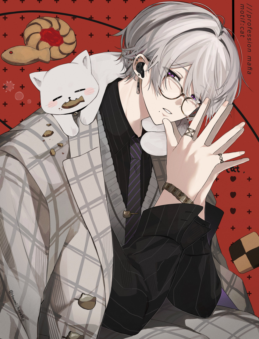 1boy absurdres artist_name black_necktie black_shirt bracelet cat collared_shirt ear_piercing earrings glasses grey_hair hanami_haru headphones highres in-ear_earphones jacket jewelry long_sleeves looking_at_viewer male_focus mole mole_under_eye mole_under_mouth necktie original parted_lips piercing purple_eyes red_background ring shirt short_hair single_earring suit_jacket sweater_vest teeth wireless_earphones