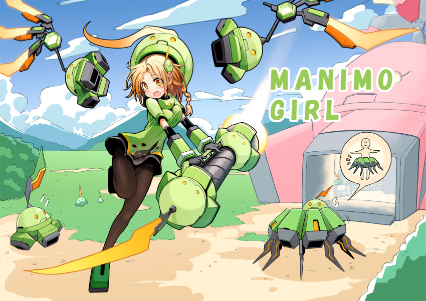 1girl armor black_pantyhose blade blonde_hair blue_sky braid bush cloud cosmic_break day dress grass hair_ornament hat highres house manimo manimo_girl mascot mecha mountain outdoors pantyhose polearm robot sky spear speech_bubble sweatdrop thighband_pantyhose ufo weapon wings yellow_eyes