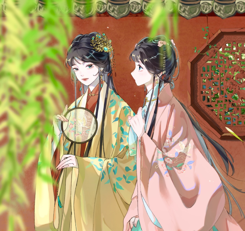 2girls bad_source black_hair blurry blurry_foreground chinese_clothes dress duijin_ruqun earrings flower hair_flower hair_ornament hand_fan hanfu highres holding holding_fan jewelry long_hair long_sleeves multiple_girls original shi_zouzouya transparent_fan tuanshan upper_body wide_sleeves willow