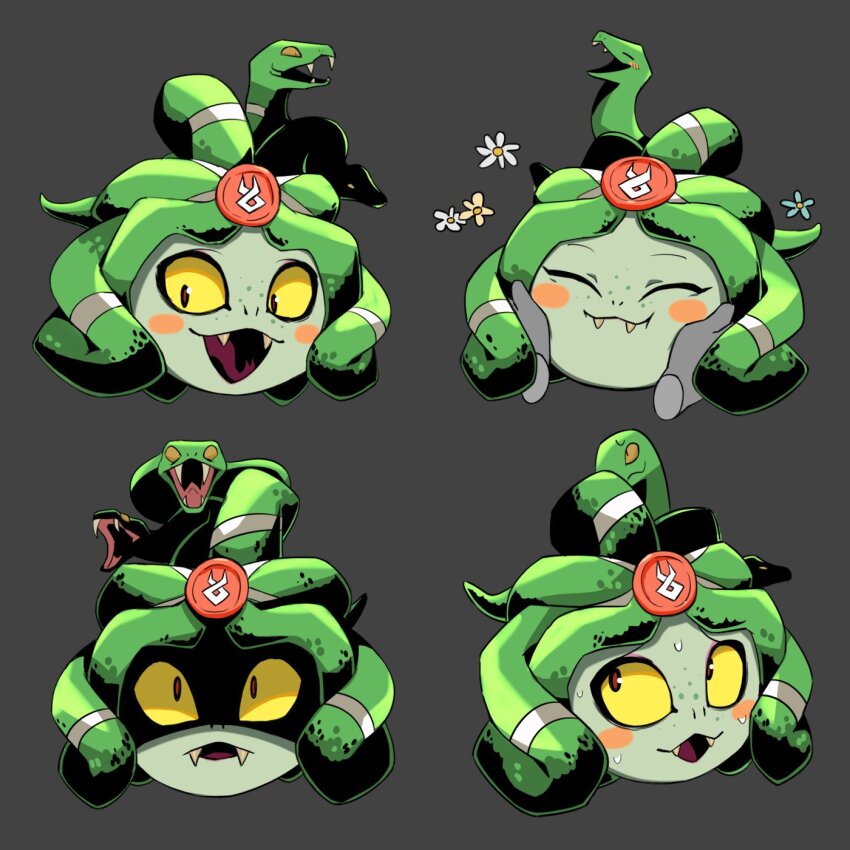 1girl :d ^_^ blush_stickers closed_eyes closed_mouth colored_sclera commentary dusa_(hades) multiple_expressions fangs flower flowers-imh green_hair grey_background hades_(series) hades_1 hair_ornament highres open_mouth red_pupils simple_background smile snake_hair sweatdrop symbol-only_commentary tongue variations yellow_sclera