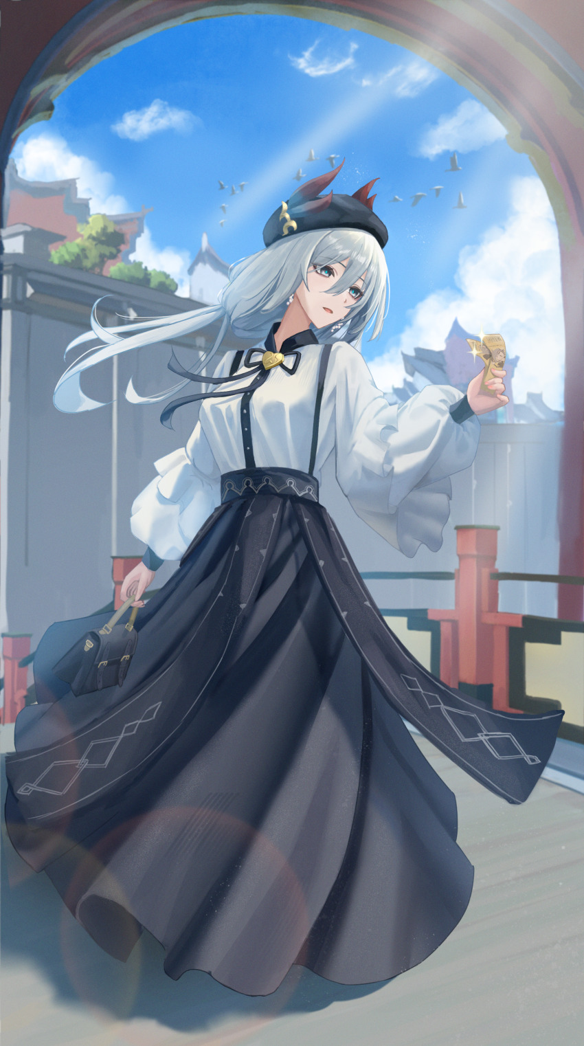 1girl absurdres alternate_costume architecture bag black_bag black_hat black_skirt blue_sky commentary commission earrings east_asian_architecture english_commentary felfia green_pupils grey_eyes grey_hair hair_between_eyes handbag hanya_(honkai:_star_rail) hat hat_feather highres holding holding_bag holding_ticket honkai:_star_rail honkai_(series) jewelry long_hair long_skirt long_sleeves looking_ahead open_mouth outdoors pixiv_commission shirt skirt sky solo ticket white_shirt