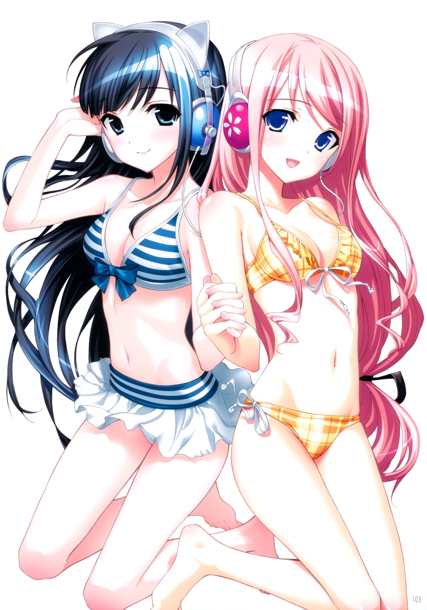 2girls absurdres animal_ears barefoot bikini black_eyes black_hair blue_eyes breasts cat_ears cleavage collarbone eyebrows fake_animal_ears front-tie_top groin headphones highres kasukabe_akira long_hair looking_at_viewer medium_breasts multiple_girls navel open_mouth pink_hair sakura_nanako sakura_sakura side-tie_bikini_bottom simple_background smile striped_bikini striped_clothes swimsuit white_background