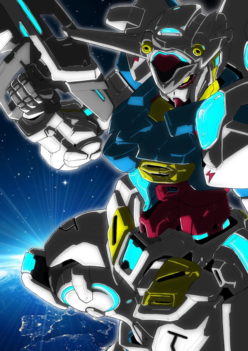 close-up g-self gun gundam gundam_g_no_reconguista highres holding holding_gun holding_weapon horns kuroiwa_cookie looking_down mecha no_humans planet robot solo space weapon yellow_eyes