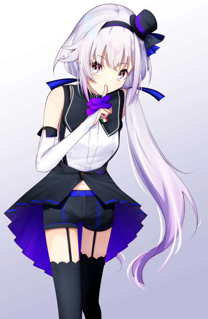 .live 1girl belt black_thighhighs carro_pino detached_sleeves finger_to_mouth headband highres long_hair low_twintails midriff navel purple_eyes purple_hair rascala39 shorts simple_background thighhighs twintails virtual_youtuber white_background