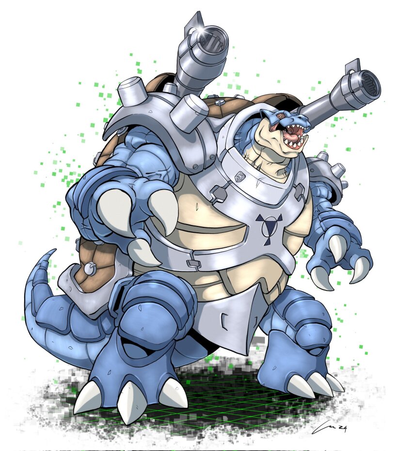 armor blastoise carloromeroart claws creatures_(company) digimon digimon_(creature) digital_hazard game_freak gen_1_pokemon highres nintendo oridigi pokemon sharp_teeth solo tail teeth turtle