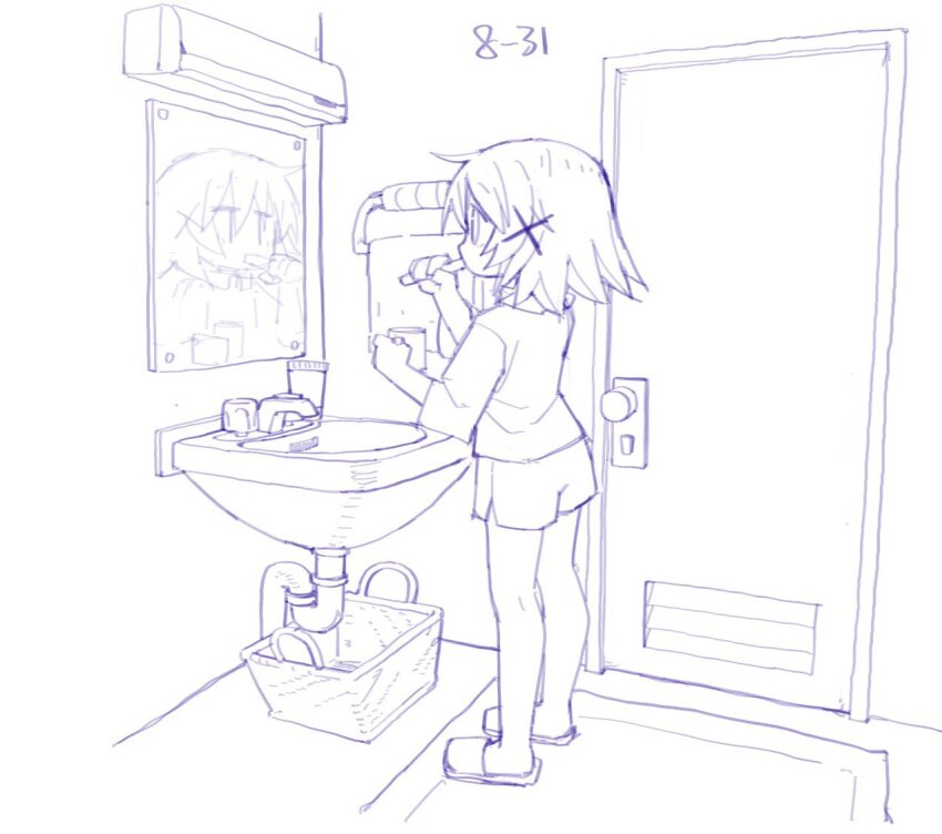 1girl bathroom blue_theme brushing_teeth colalk cup door door_handle hair_ornament hidamari_sketch holding holding_cup long_hair mirror monochrome original reflection sink sketch slippers solo standing t_t toothbrush towel x_hair_ornament yuno_(hidamari_sketch)