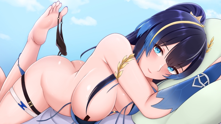 1girl arm_strap ass bare_shoulders barefoot bikini black_hair blue_bikini blue_eyes blue_hair blue_sky blush breasts bridal_gauntlets butt_crack chinese_commentary cleavage closed_mouth cloud commentary day gradient_hair hair_between_eyes hair_ornament highres katya_klein large_breasts long_hair looking_at_viewer lying multicolored_hair official_alternate_costume official_alternate_hairstyle on_stomach pasties ponytail shamo_jiang sidelocks single_bridal_gauntlet skindentation sky smile snowbreak:_containment_zone solo streaked_hair swimsuit thigh_strap untied_bikini unworn_bikini_bottom